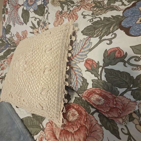 Crochet Lace Macrame Decorative Throw Pillow Cream 15x15 in. Bed Couch Chair - Picture 4 of 8